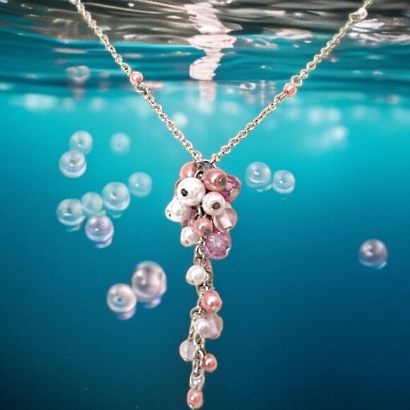 Faux Pearl Cluster Necklace Pendant Drip Dangle Pink Mauve Silver Tone Regency. - Picture 1 of 16